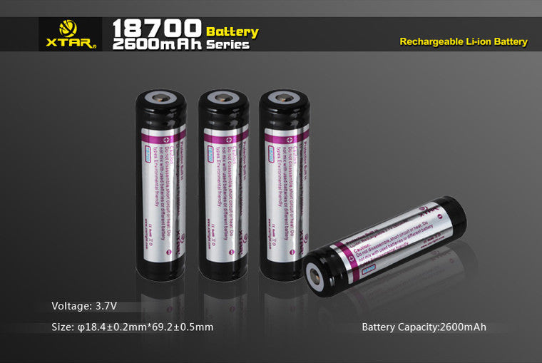 XTAR Protected 18700 2600 mAh Button Top Rechargeable 3.7V Li-Ion Battery