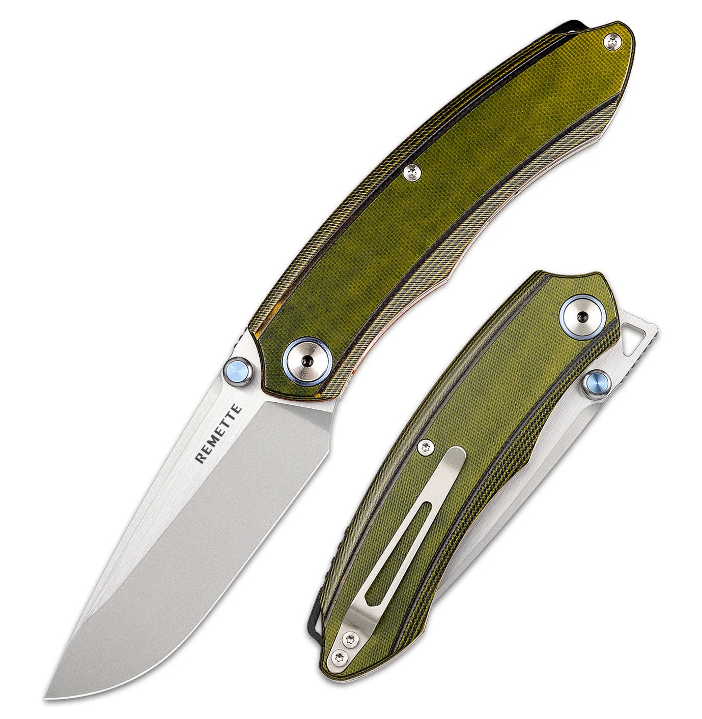 Remette Wild Species 3.27in 14C28N Blade Green G10 Handles Orange Line