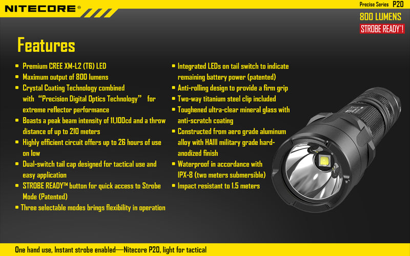 Nitecore P20 1 x 18650 / 2 (R)CR123A CREE XM-L2 T6 800 Lumen LED Flashlight