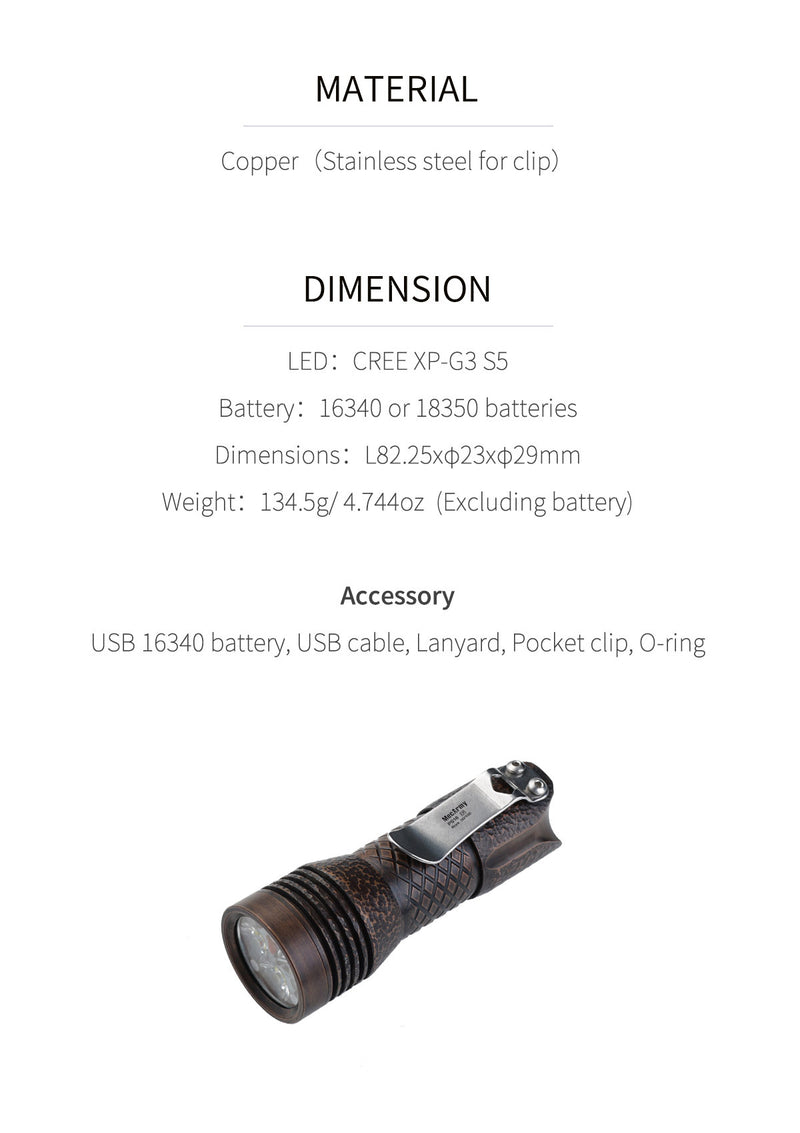 MecArmy PS16 Copper Rock 2000 Lumen Limited Edition EDC Flashlight 1 *16340 Micro-USB Battery