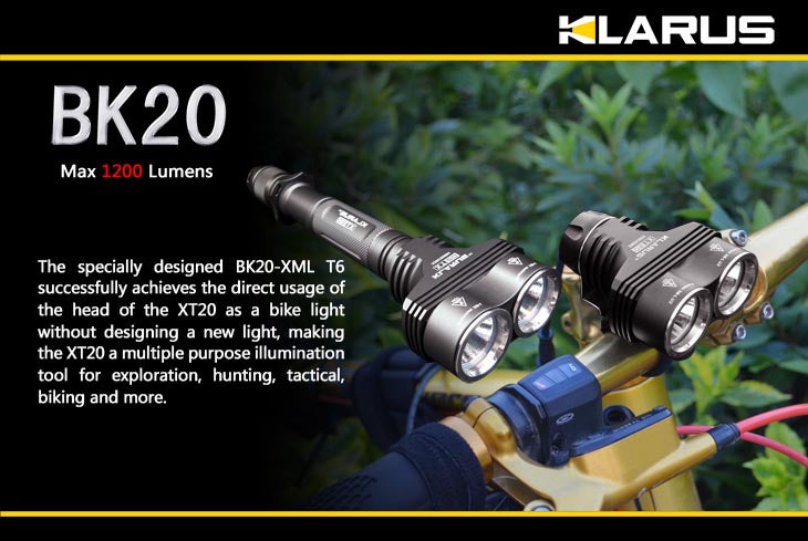 Klarus XT20 + BK20AB Kit - Dual Head XM-L 1200 Lumen LED Flashlight and Bike Light