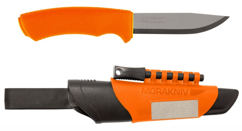 Morakniv Bushcraft Survival Orange Stainless Steel Fixed Blade Knife with Sheath, Firesteel and Sharpener