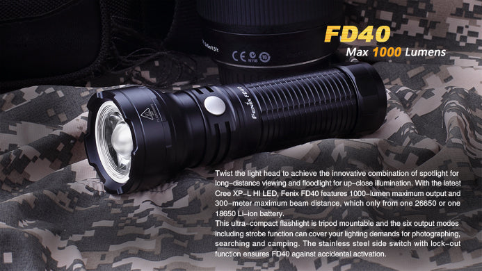 Fenix FD40 1x 18650 / 1x 26650 1000 Lumens CREE XP-L HI LED Flashlight