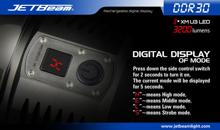 JETBeam DDR30 Digital Display Series 3 x 18650 Triple CREE XM-L2 LED Flashlight 3300 Lumens