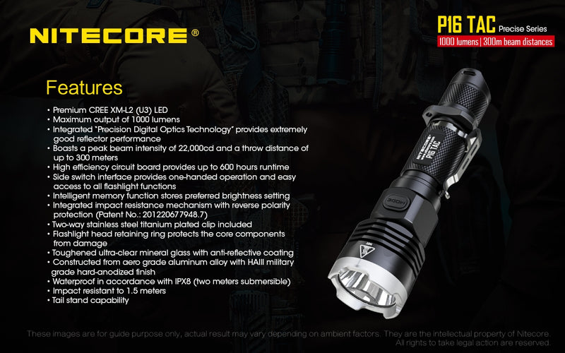 Nitecore P16TAC 1 x 18650 / 1000 Lumen  CREE XM-L2 U3 Flashlight