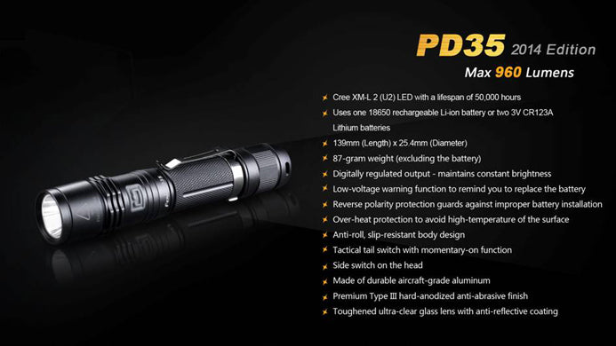 Fenix PD35 1 x 18650 / 2 x CR123A  CREE XM-L2 U2 960 Lumen LED Flashlight