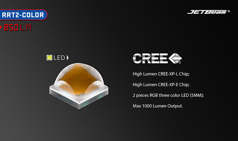 JETBeam RRT2-COLOR 1x 18650 / 2x CR123 850 Lumens CREE XP-L LED