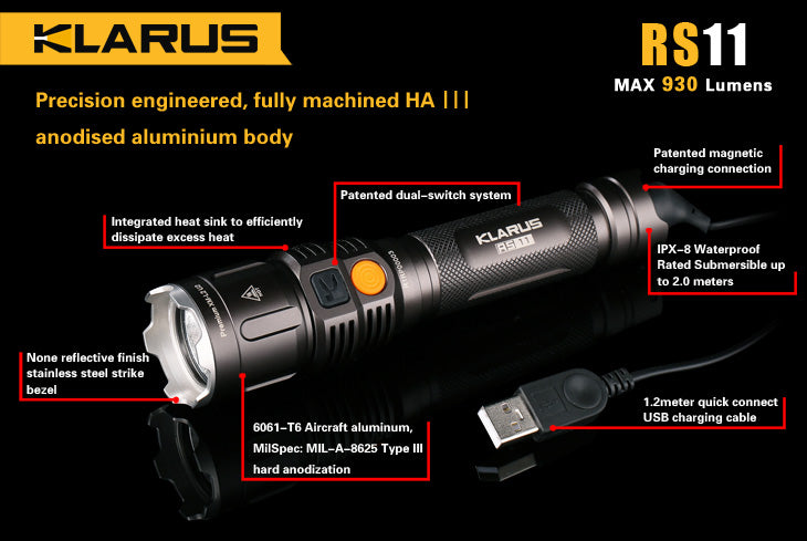 Klarus RS11 2 x (R)CR123A / 1 x 18650 CREE XM-L2 U2 930 Lumen LED Flashlight