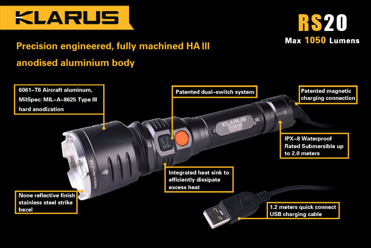 Klarus RS20 1 x 18650 / 2 x (R)CR123A CREE XM-L2 U2 1050 Lumen LED Flashlight