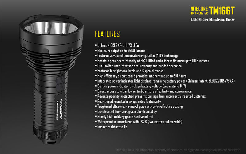 Nitecore TM16GT 4x 18650 3600 Lumens 4 Cree XP-L HI V3 LED Flashlight