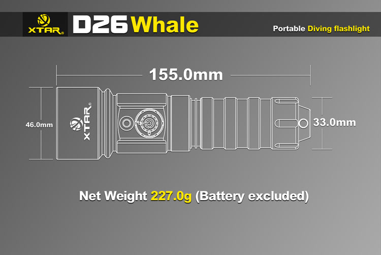 XTAR D26 Whale CREE XM-L U3 1000 Lumen 1x 18650/18700/26650 Diving Light