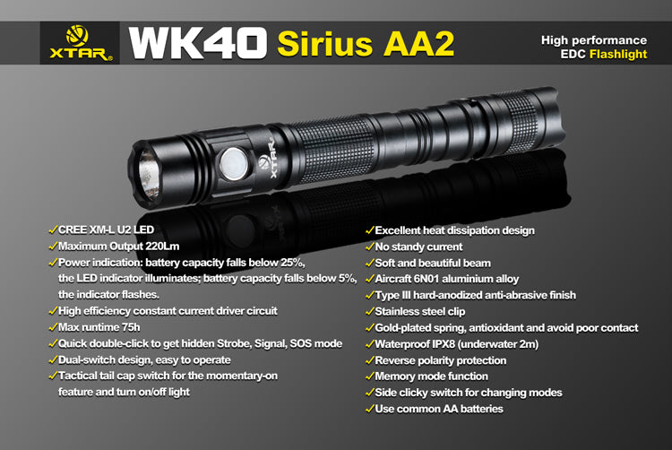 XTAR WK40 Sirius AA2 220 Lumen 2 x AA Flashlight