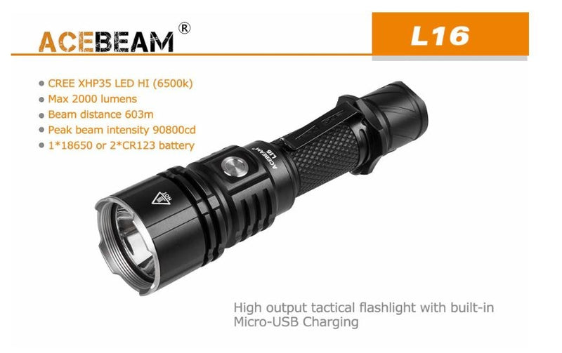 Acebeam L16 2000 Lumen XHP 35 HI LED - Over 1,978 Feet of throw