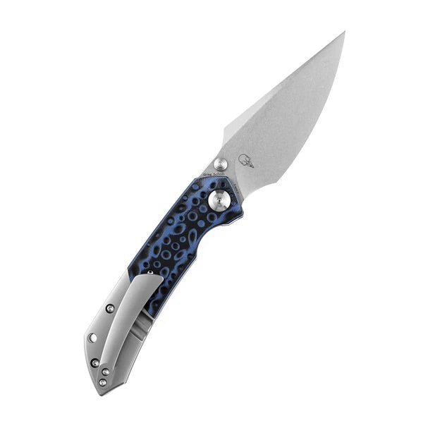 Kansept Knives K1034A3 Folding Knife 3.48in Damascus Steel Titanium / Black + Blue G10 Handles