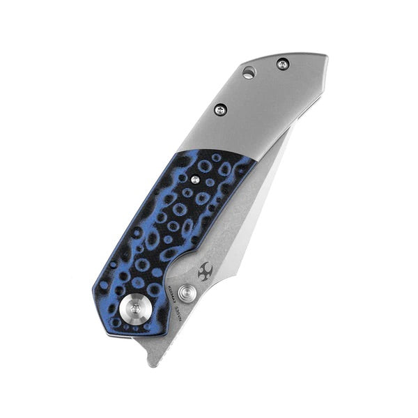 Kansept Knives K1034A3 Folding Knife 3.48in Damascus Steel Titanium / Black + Blue G10 Handles