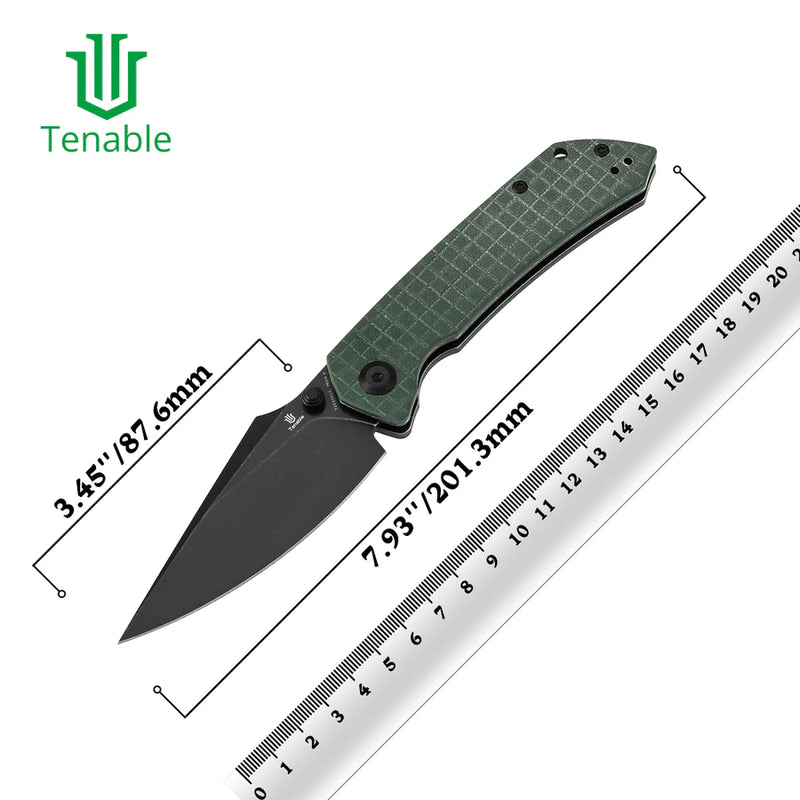 Tenable Fenrir T1034V12 – Green G10 Frag Pattern, 3.48" Blackwashed Nitro-V Blade, Sparrow Knife Co. Design