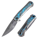Kansept Kratos 3.79" Damascus Titanium,Blue Rose Pattern Carbon Fiber K1024A4