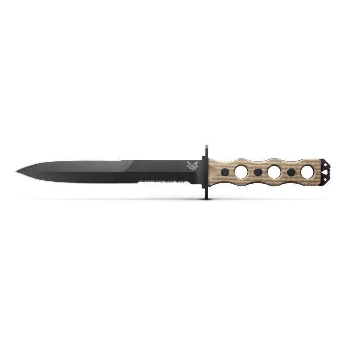 Benchmade 185SBK-1 SOCP Fixed Blade Knife 7.11in Black Double Edge Combo Dagger Blade Desert Tan G10 Handles
