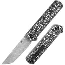 Kansept Foosa K2020T1 – 3.06" Damascus Tanto Blade, Black & White Carbon Fiber Handle, Slip Joint – Designed by Rolf Helbig