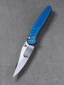 Pro-Tech Avalon 2026 Custom 011 front view – 4.25" Mike Irie mirror polished 154CM drop point, sapphire blue PVD knurled 17-4 steel handle
