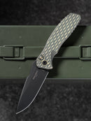 Pro-Tech Pallas 2026 Custom 007 front view – DLC black MagnaCut clip point automatic knife, green/gold Lattice textured titanium