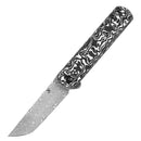 Kansept Foosa K2020T1 – 3.06" Damascus Tanto Blade, Black & White Carbon Fiber Handle, Slip Joint – Designed by Rolf Helbig