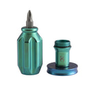 Close-up of Kansept Drive-R-Saurus G018P2 with screwdriver tip and green anodized titanium body