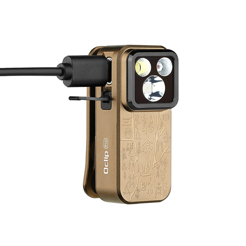Olight Oclip Pro Ancient Script – 500 Lumen USB-C Rechargeable Clip-On Flashlight (Flood, Spot & Red)