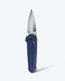Benchmade Lowden 491 front view – 2.96″ M390 spear point AXIS flipper folding knife, Crater Blue aluminum