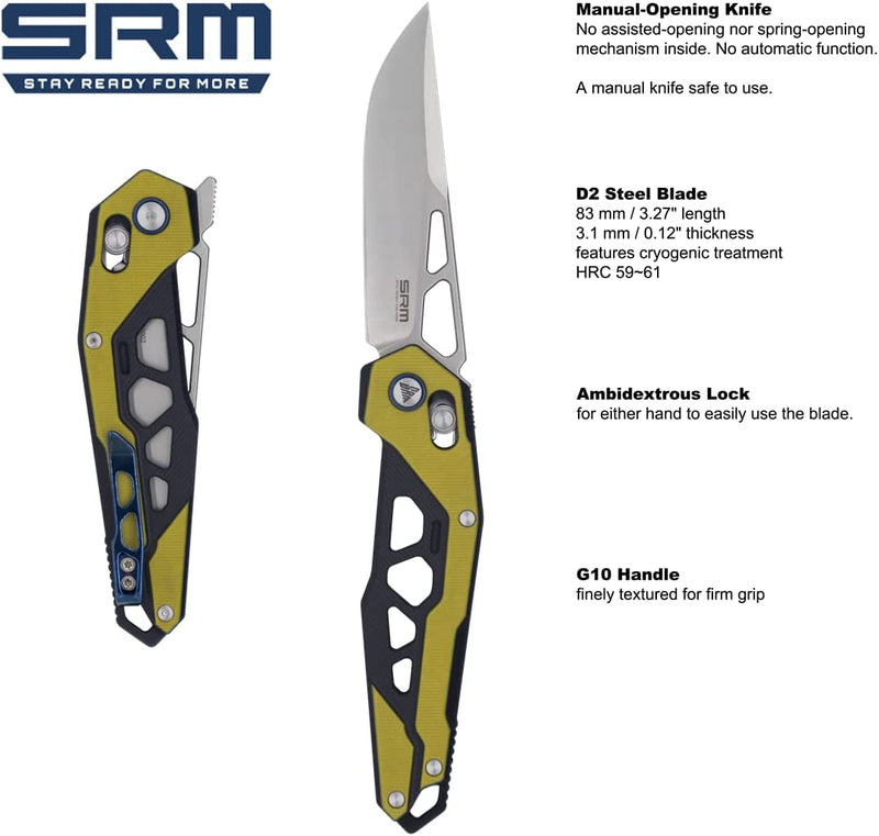 SRM Mecha 9225 Yellow Front Flipper Folding Knife 3.27in D2 Steel Blade G10 Handles