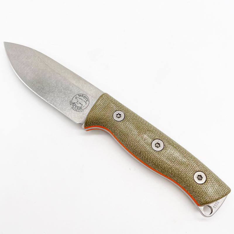 White River Knife & Tool Ursus Cub Magnacut Blade OD Green Micarta Scales w/ Orange Liners