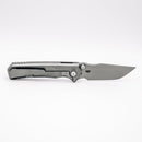 Chaves Knives x Sam Tran Arison Street Stonewash pocket clip side showing frame lock and stonewash titanium handle