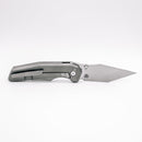 Chaves Knives x Jake McCoy Omega Street Belt Satin pocket clip side showing frame lock and belt satin titanium handle