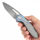 Kansept Thoth 3.43" Damascus Bead Blasted Titanium + Lightning Strike Finished Titanium Inlay Plain BlueK1075T5