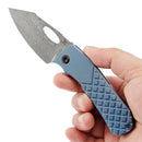 Kansept Loki K1058B7 – 2.99" Damascus Blade, Blue Anodized Titanium Frag Pattern Handle, Thumb-Hole Opener (Steven Dunnuck Design)