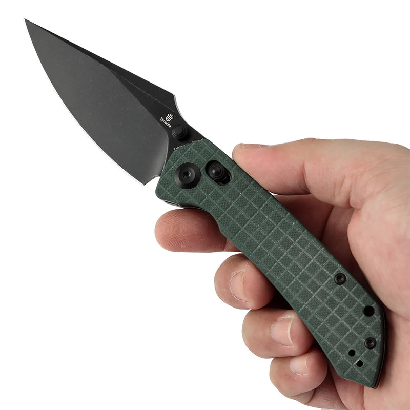 Tenable Fenrir T1034V12 – Green G10 Frag Pattern, 3.48" Blackwashed Nitro-V Blade, Sparrow Knife Co. Design