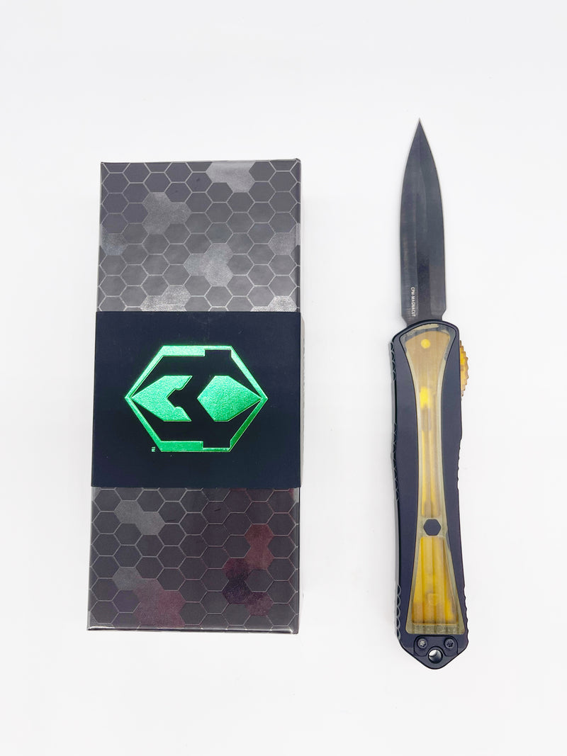 Heretic Knives MANTICORE X 3.7" Double Edge DLC Magnacut Black Aluminum Handle Ultem Inlay