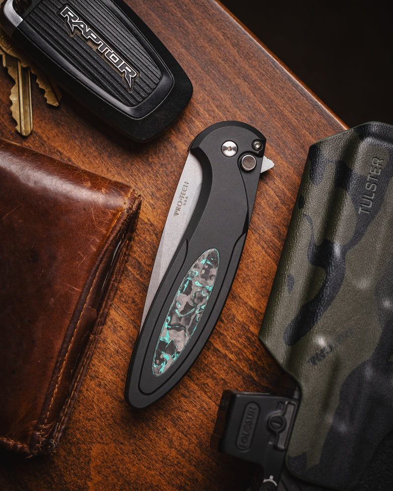 Pro-Tech Cambria 2 Black Aluminum Handle TechnoCarbo Teal Inlay Stonewashed Magacut Blade