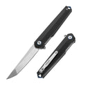 DreamTech D3395GB front view – 3.54" satin D2 tanto folding knife with black G10 handle, shown open and closed