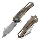 DreamTech D7412BR front view, 2.95-inch Damascus folding knife with titanium and carbon fiber handle