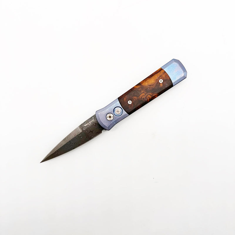 Pro-Tech Godson Custom 2024 001 Blue Titanium Handles Desert Iron Wood Inlays 3.15in Nichols Damascus Blade Mosaic Button