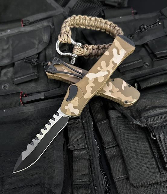 Heretic Knives Hydra Singe-Action OTF Automatic Knife  3.625" CPM-Magnacut Two-Tone Recurve Tan Camo Aluminum Handles - H008-10A-TCAMO