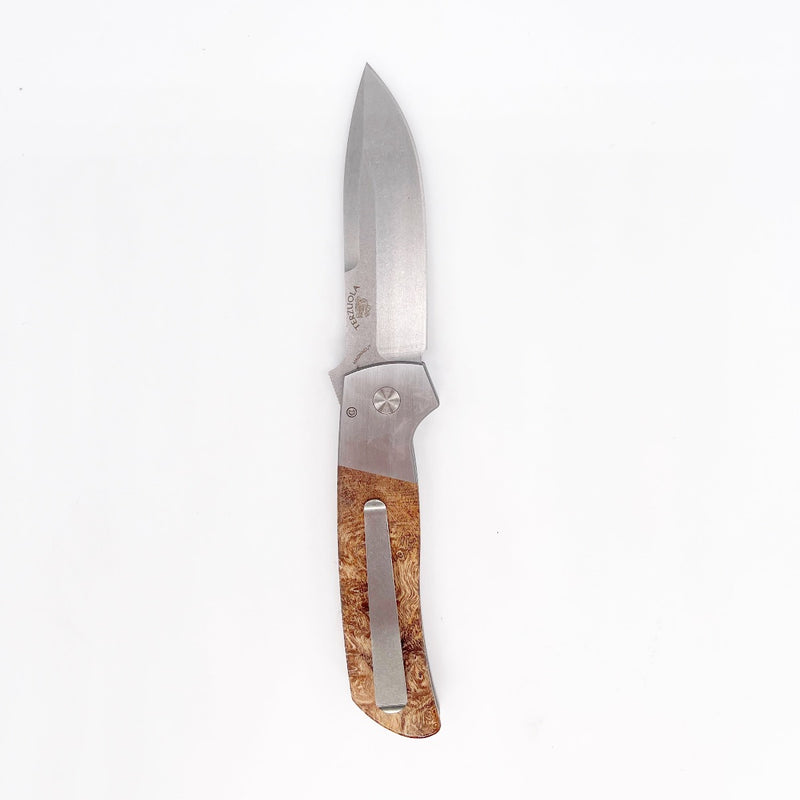 Pro-Tech Terzuola 2023 ATCF 009 Steel Custom Folding Knife Maple Burl Wood Inlays Stonewashed Magnacut Blade