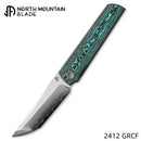 North Mountain Blade CHOP 4 2412-GRCF – SLD San Mai Japanese-Style Tanto, Ceramic Carbon Fiber, Front Flipper