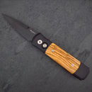 Pro-Tech Knives 707-Olive Godson Folding Knife 3.15in Black DLC Blade Olive Wood Handle Inays Mosaic Pin Button