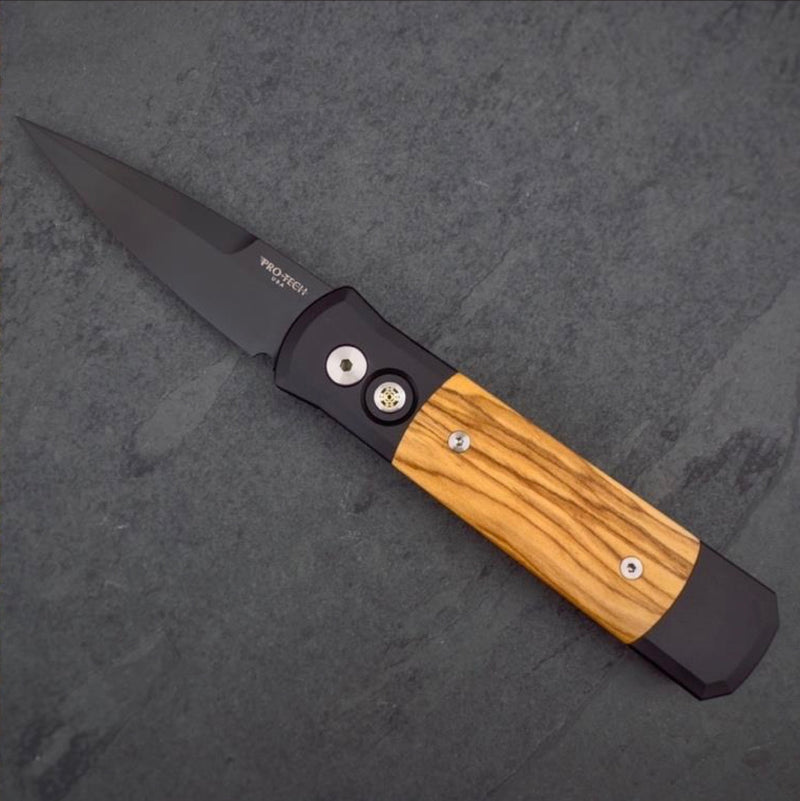 Pro-Tech Knives 707-Olive Godson Folding Knife 3.15in Black DLC Blade Olive Wood Handle Inays Mosaic Pin Button