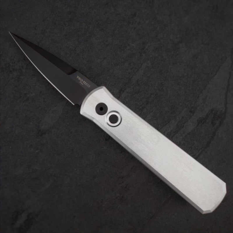 Pro-Tech Knives 721-Silver Godson Folding Knife 3.15in Black Stiletto Black Clear Anodized Satin Handles