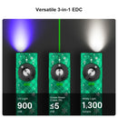 Arkfeld Pro 1300 Lumen Rechargeable Flat EDC Flashlight with LED Light, UV and Laser - Snowflake Green Limited Edition