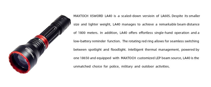 MAXTOCH LA40 Compact Zoom LEP Flashlight – 1800m Throw, 18650 Powered