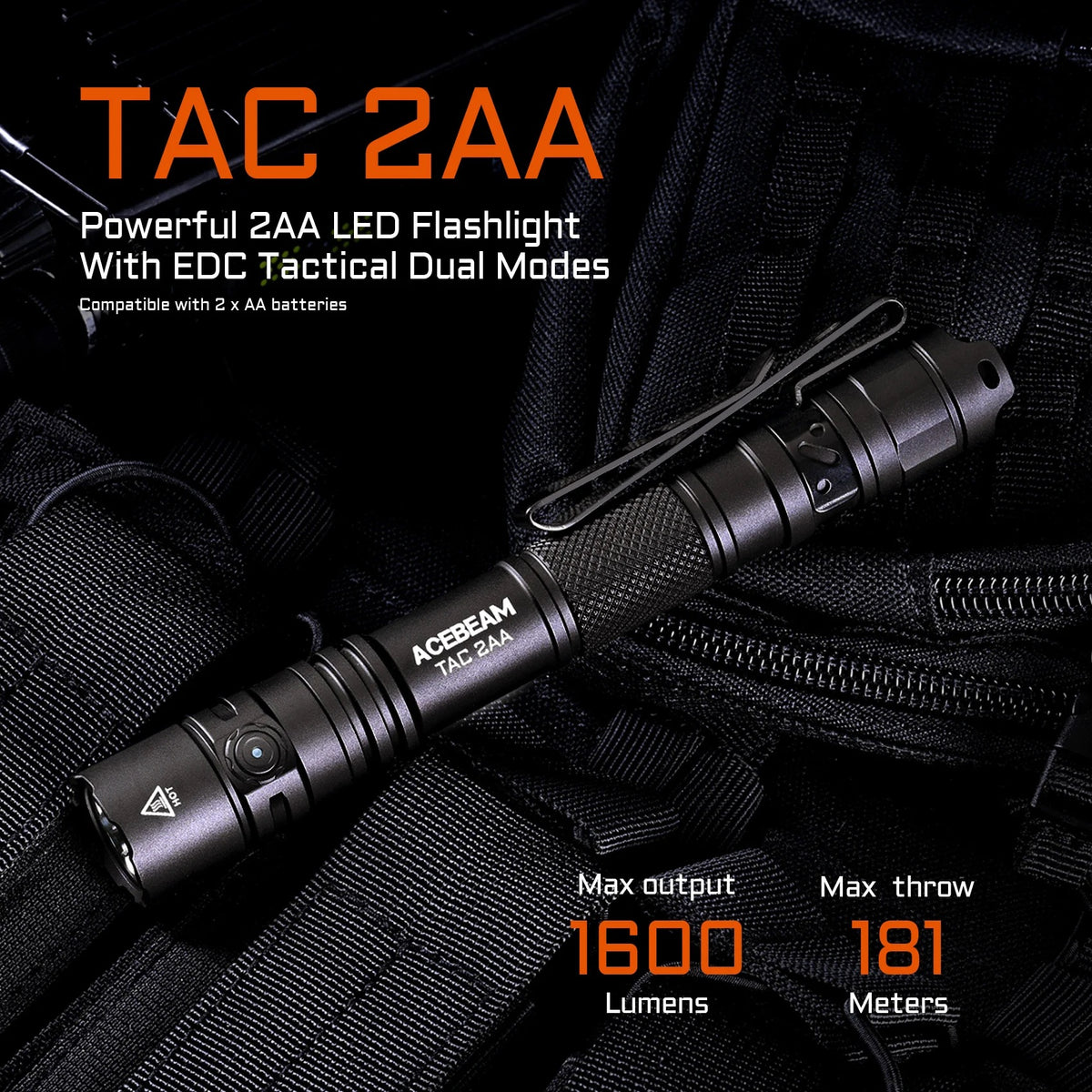 Acebeam TAC 2AA Orange | 1400 Lumen Dual Switch Tactical Flashlight